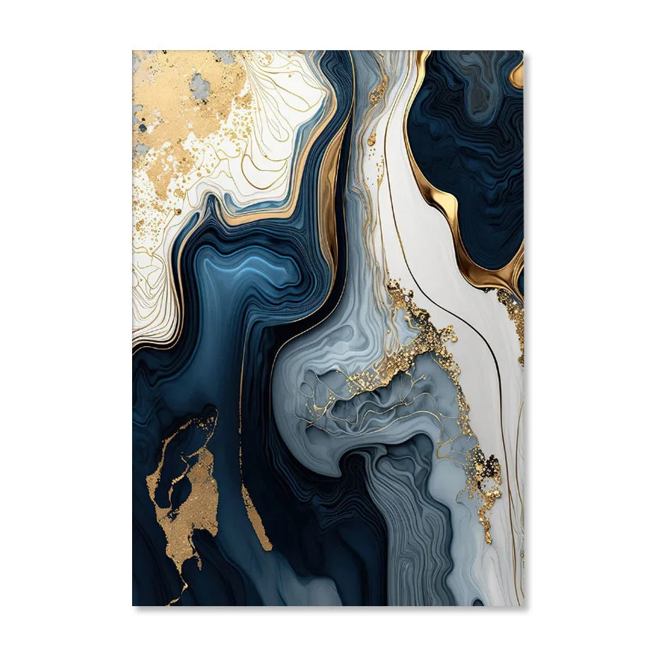 Modern Navy Blue White Gold Marble Wall Art Set