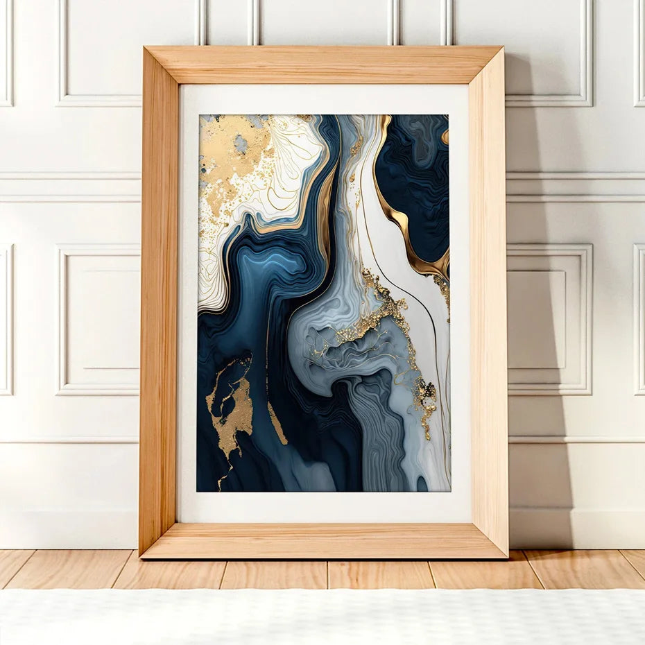 Modern Navy Blue White Gold Marble Wall Art Set