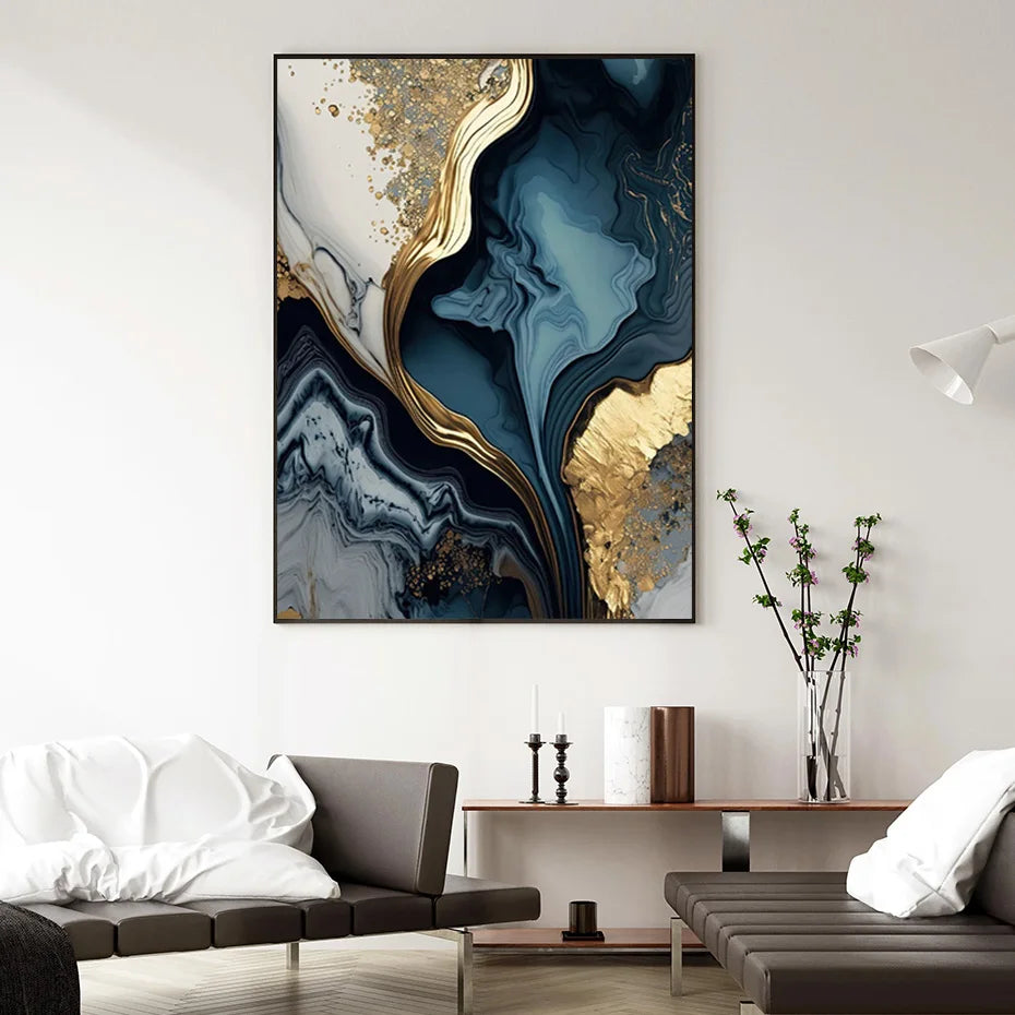 Modern Navy Blue White Gold Marble Wall Art Set