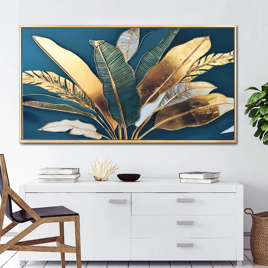 Modern Boho Golden Green Banana Leaves Canvas Painting