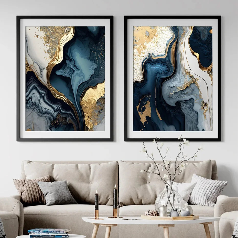 Modern Navy Blue White Gold Marble Wall Art Set