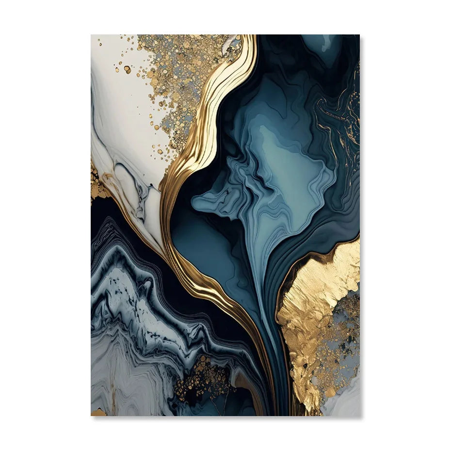 Modern Navy Blue White Gold Marble Wall Art Set