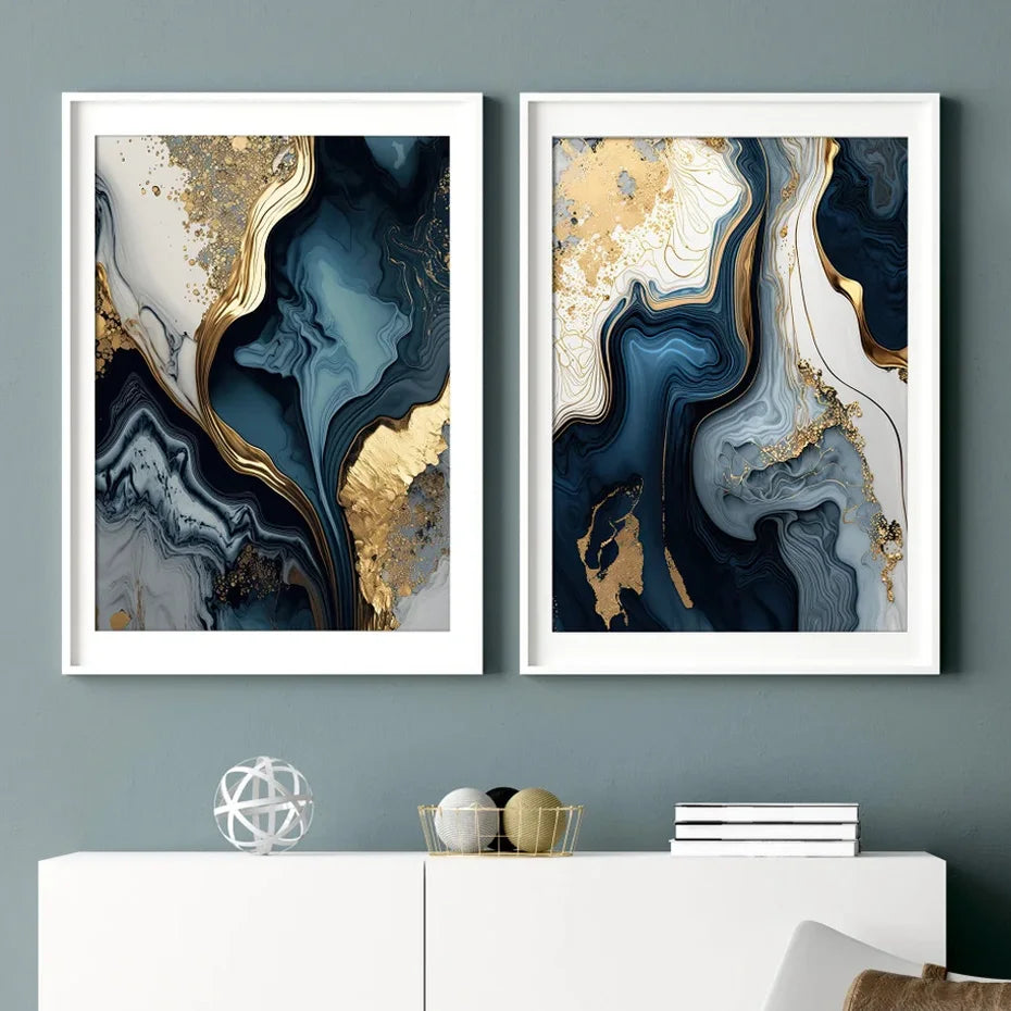 Modern Navy Blue White Gold Marble Wall Art Set