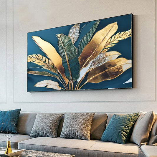 Modern Boho Golden Green Banana Leaves Canvas Painting