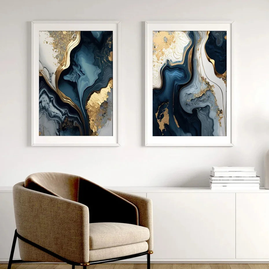 Modern Navy Blue White Gold Marble Wall Art Set