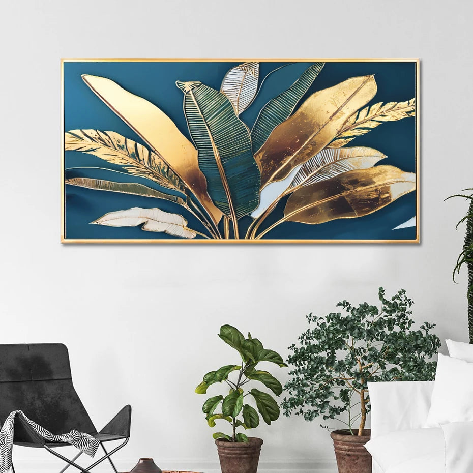 Modern Boho Golden Green Banana Leaves Canvas Painting