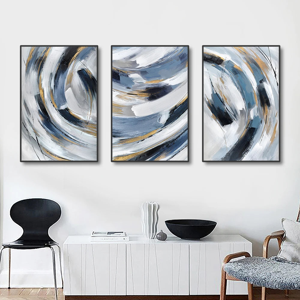 3pcs Nordic Abstract Blue Grey Ring Canvas Painting