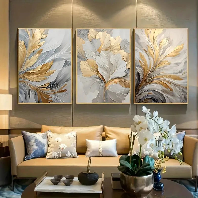 3pcs Golden White Leaves Canvas Prints