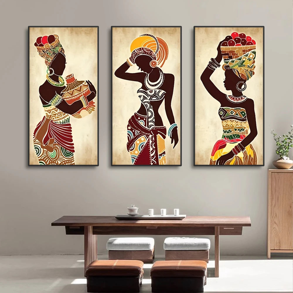 3pcs Ethnic African Black Woman Canvas Painting Vintage Wall Art