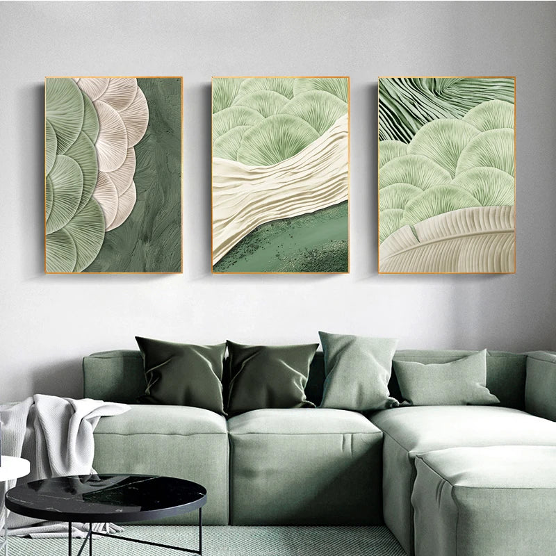 Green Ginkgo Leaf Embroidery Texture Canvas Painting