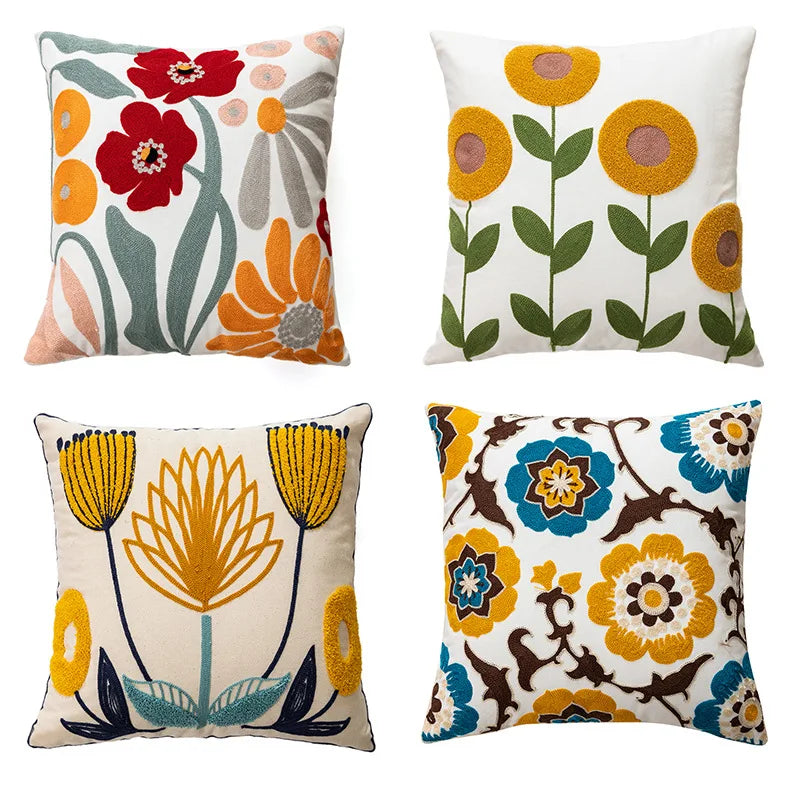 Embroidered Flower Throw Pillow Cover