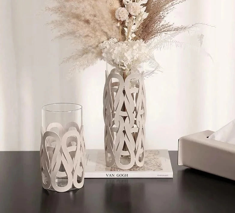 Nordic Modern Glass Vase with Woven Leather