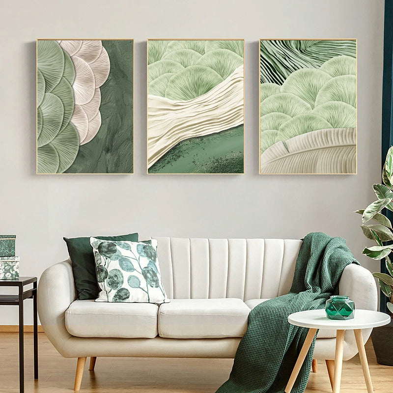 Green Ginkgo Leaf Embroidery Texture Canvas Painting