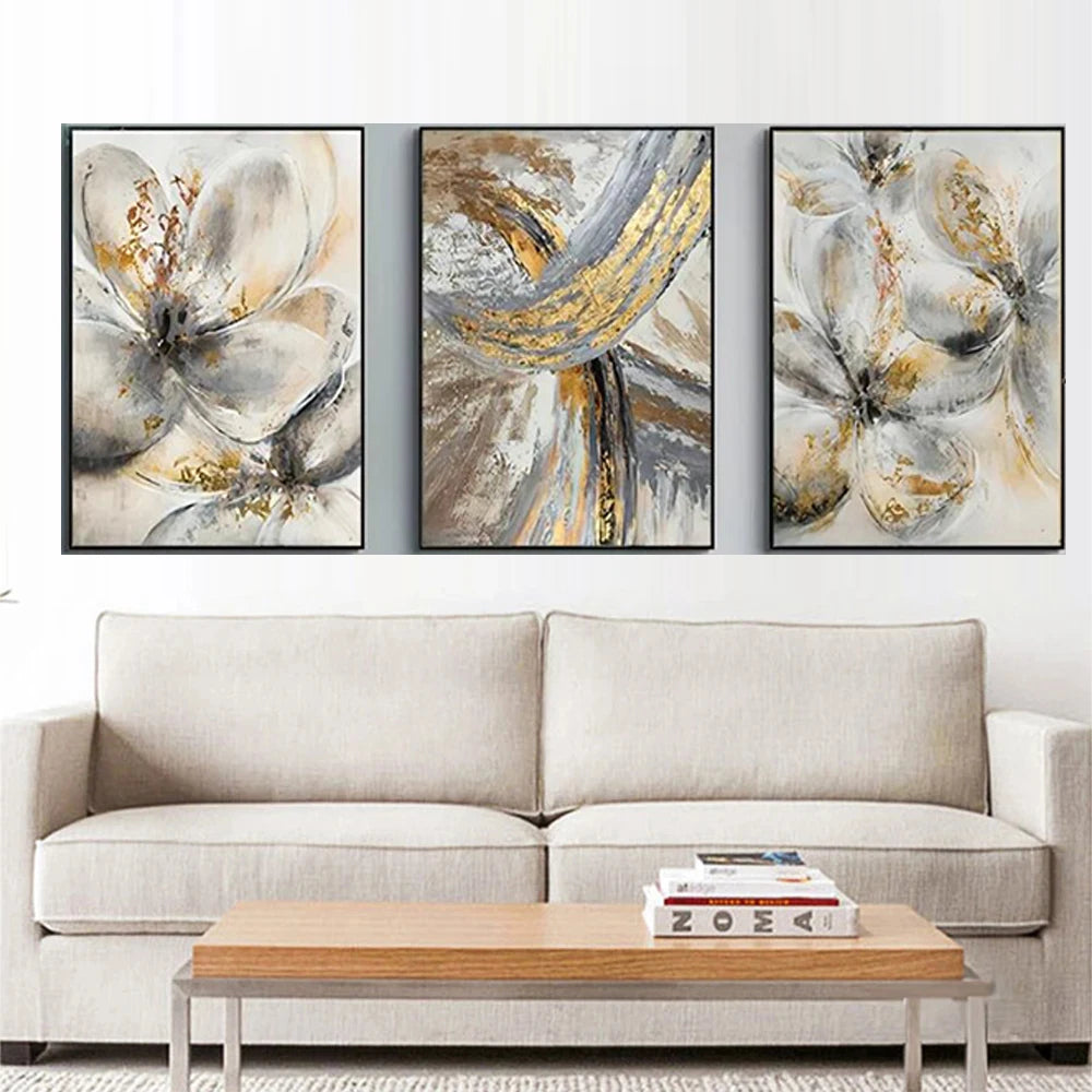 Gold Brush Abstract Flower Set of 3 Diamond Wall Painting