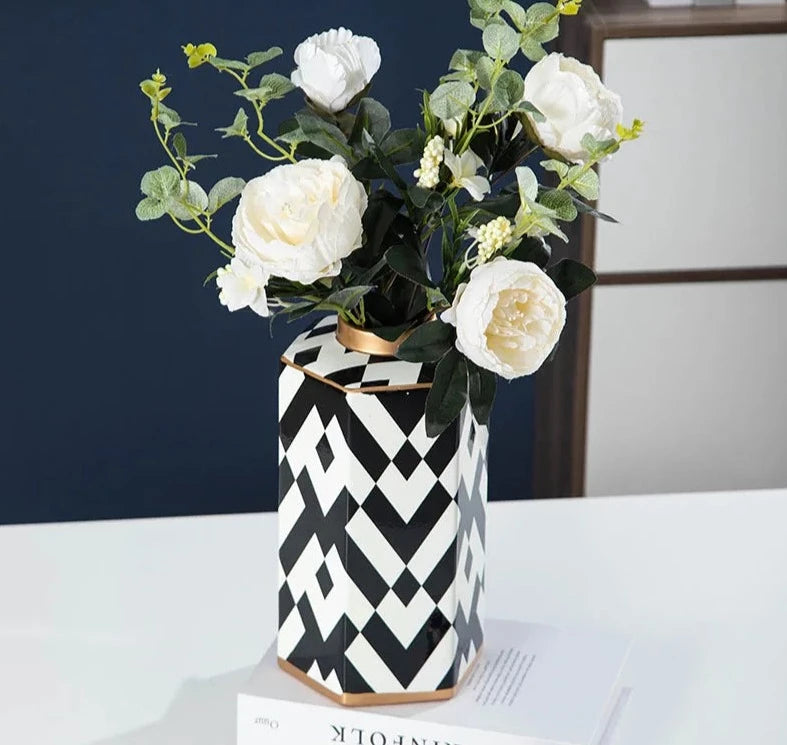 Modern Geometric Black and White Striped Storage Jar