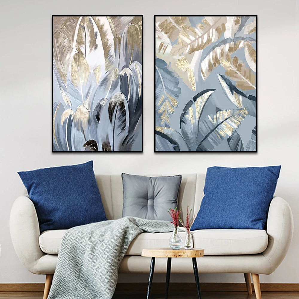 2PCS Frameless Abstract Blue Golden Palm Leaves Canvas Painting