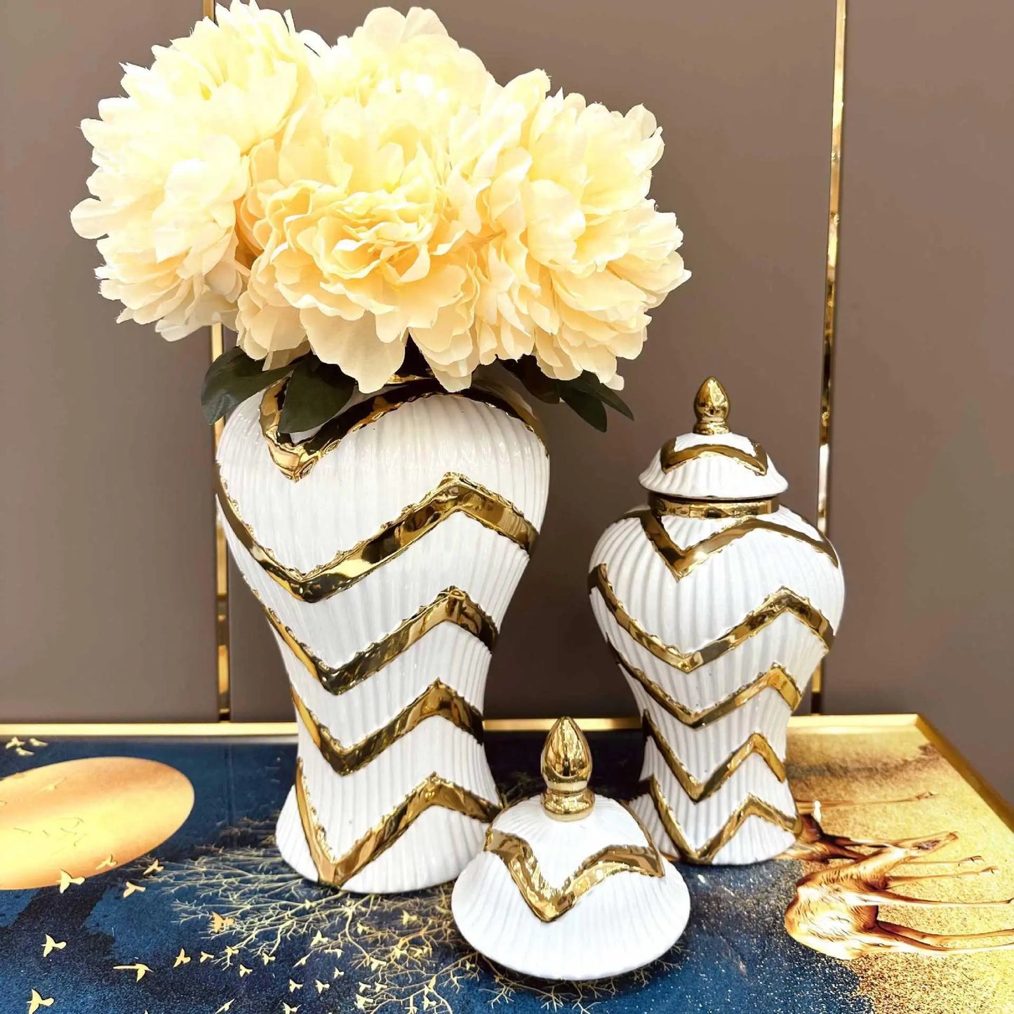 Striped Gold Ceramic Ginger  Flower Vase