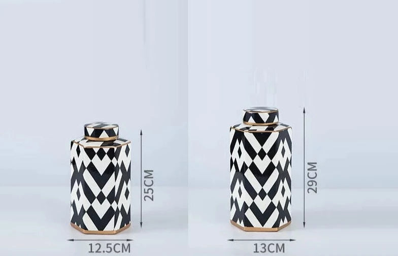 Modern Geometric Black and White Striped Storage Jar