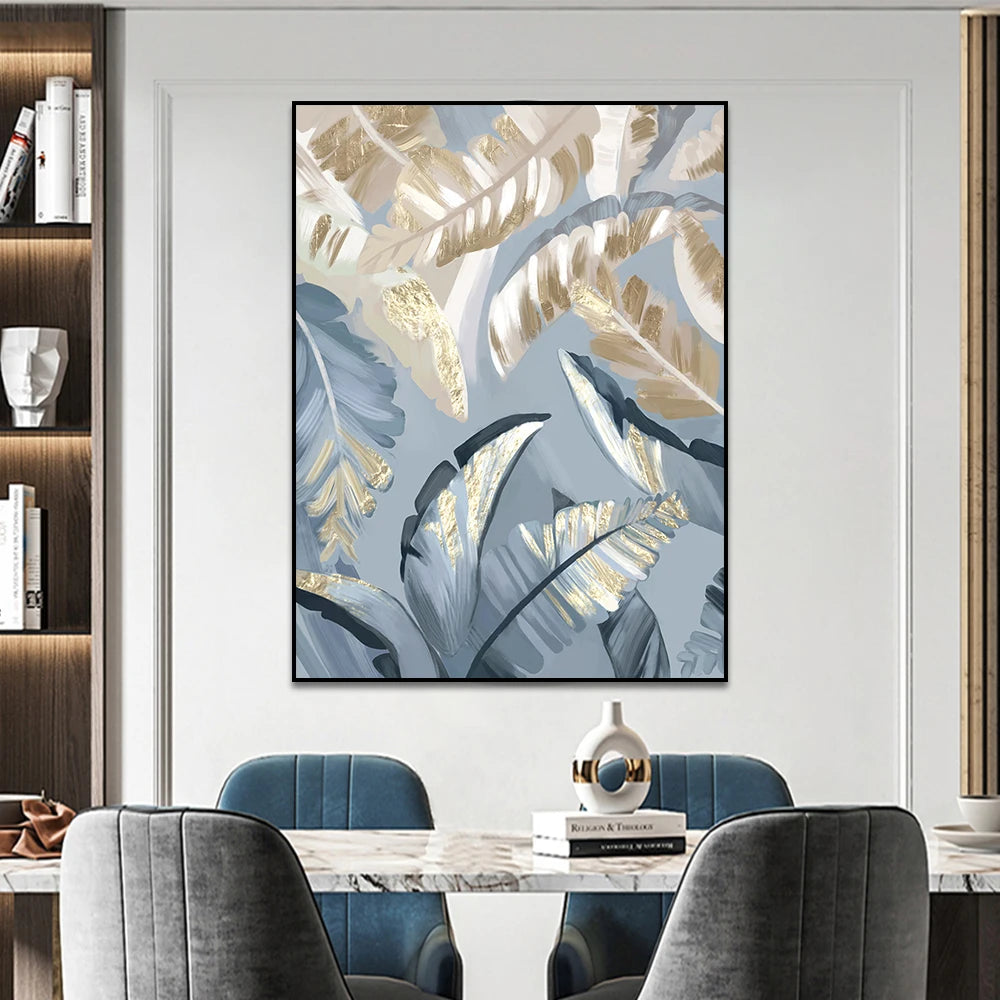 2PCS Frameless Abstract Blue Golden Palm Leaves Canvas Painting