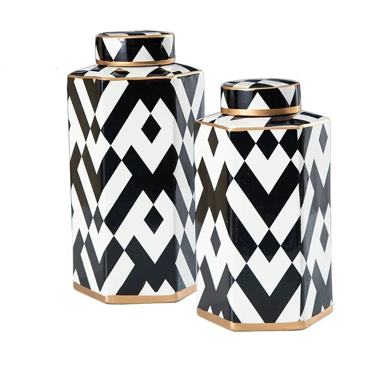 Modern Geometric Black and White Striped Storage Jar