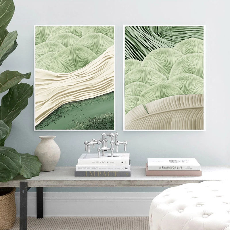 Green Ginkgo Leaf Embroidery Texture Canvas Painting