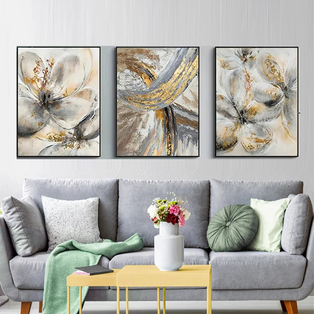 Gold Brush Abstract Flower Set of 3 Diamond Wall Painting