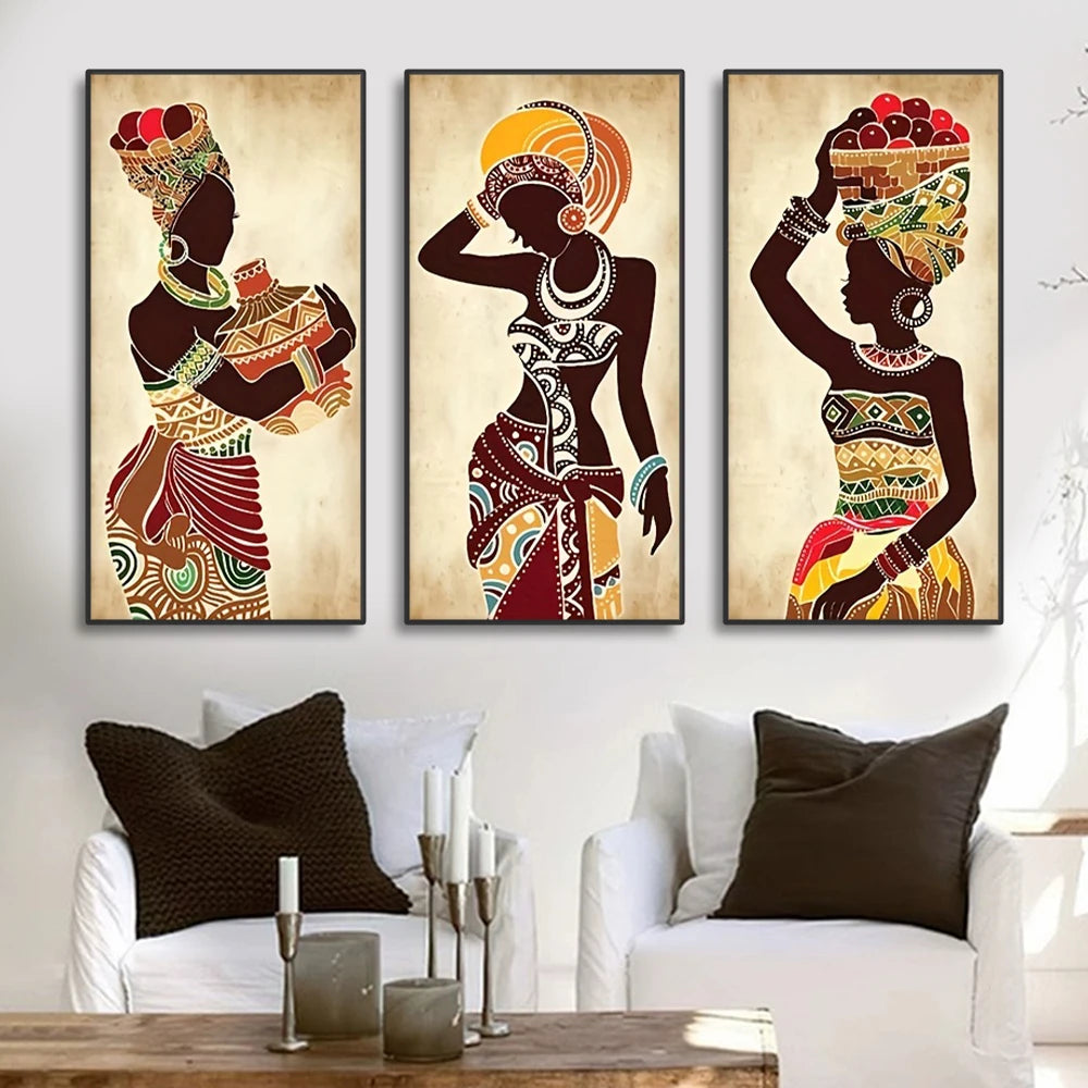 3pcs Ethnic African Black Woman Canvas Painting Vintage Wall Art