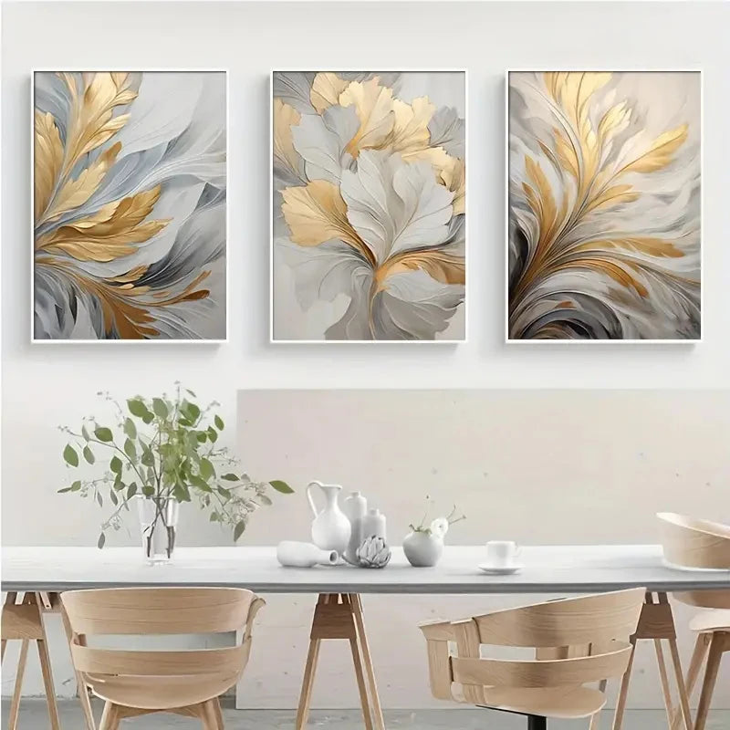 3pcs Golden White Leaves Canvas Prints