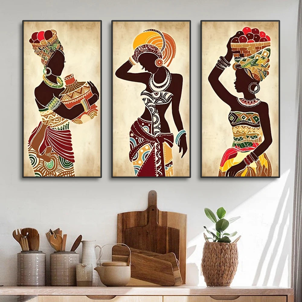 3pcs Ethnic African Black Woman Canvas Painting Vintage Wall Art