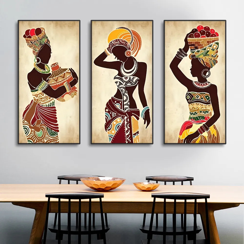 3pcs Ethnic African Black Woman Canvas Painting Vintage Wall Art