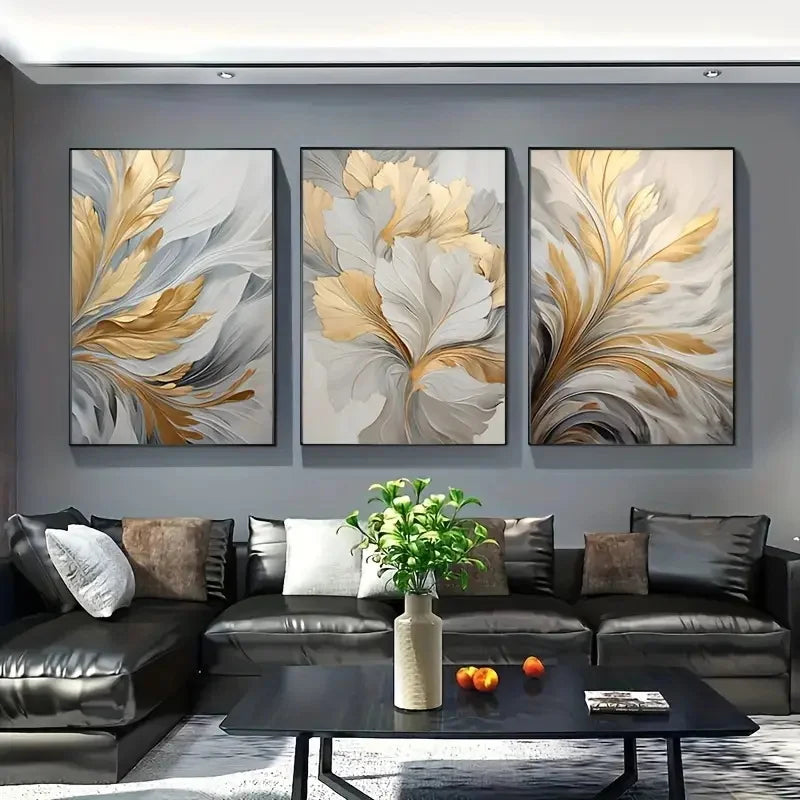 3pcs Golden White Leaves Canvas Prints