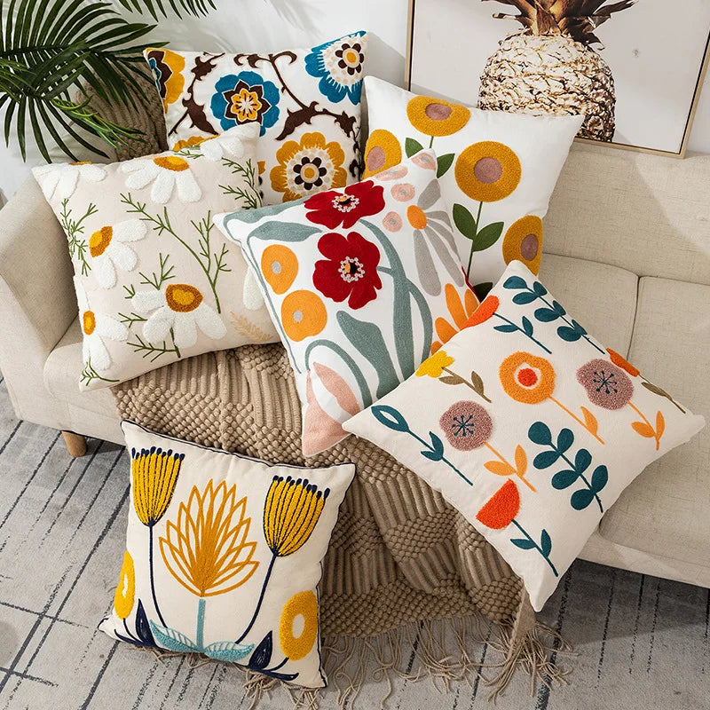 Embroidered Flower Throw Pillow Cover