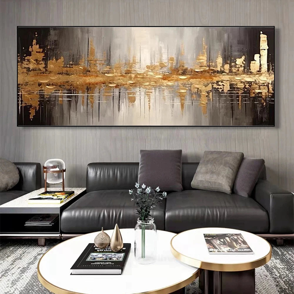 Large Abstract Night View of City Oil Painting - Golden and Black