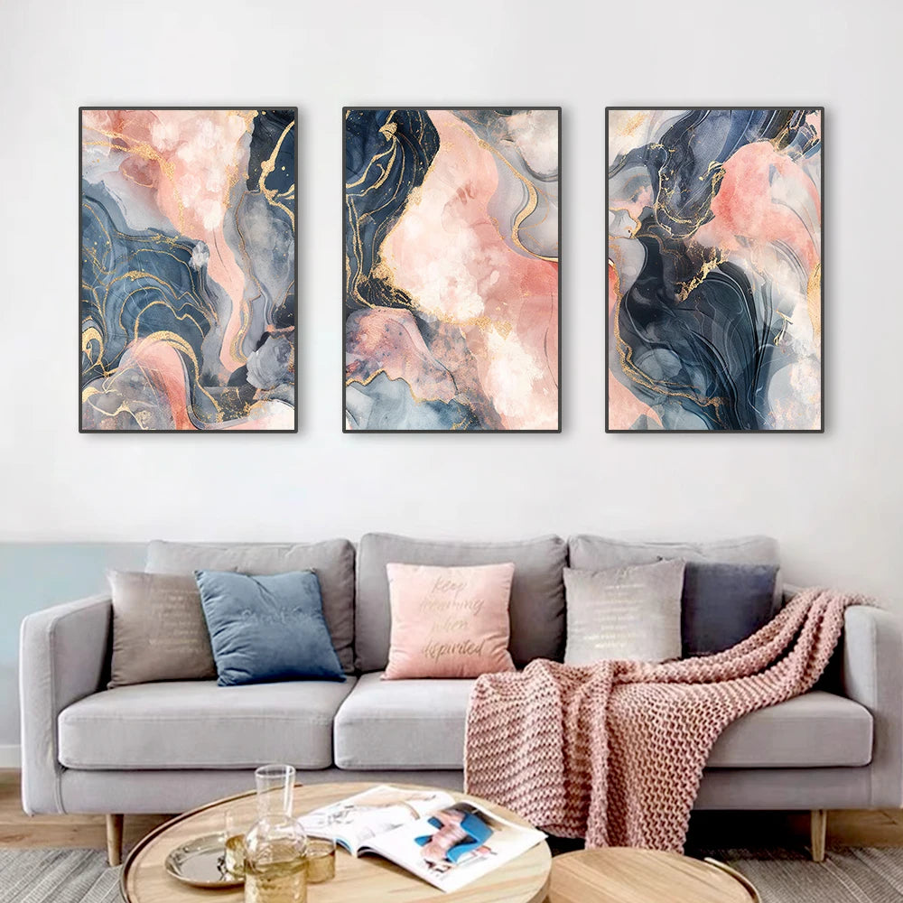 Abstract Marble Pink Gold Ink Painting Wall Art