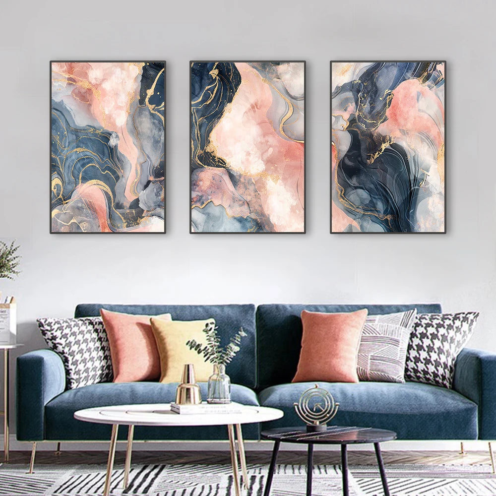 Abstract Marble Pink Gold Ink Painting Wall Art