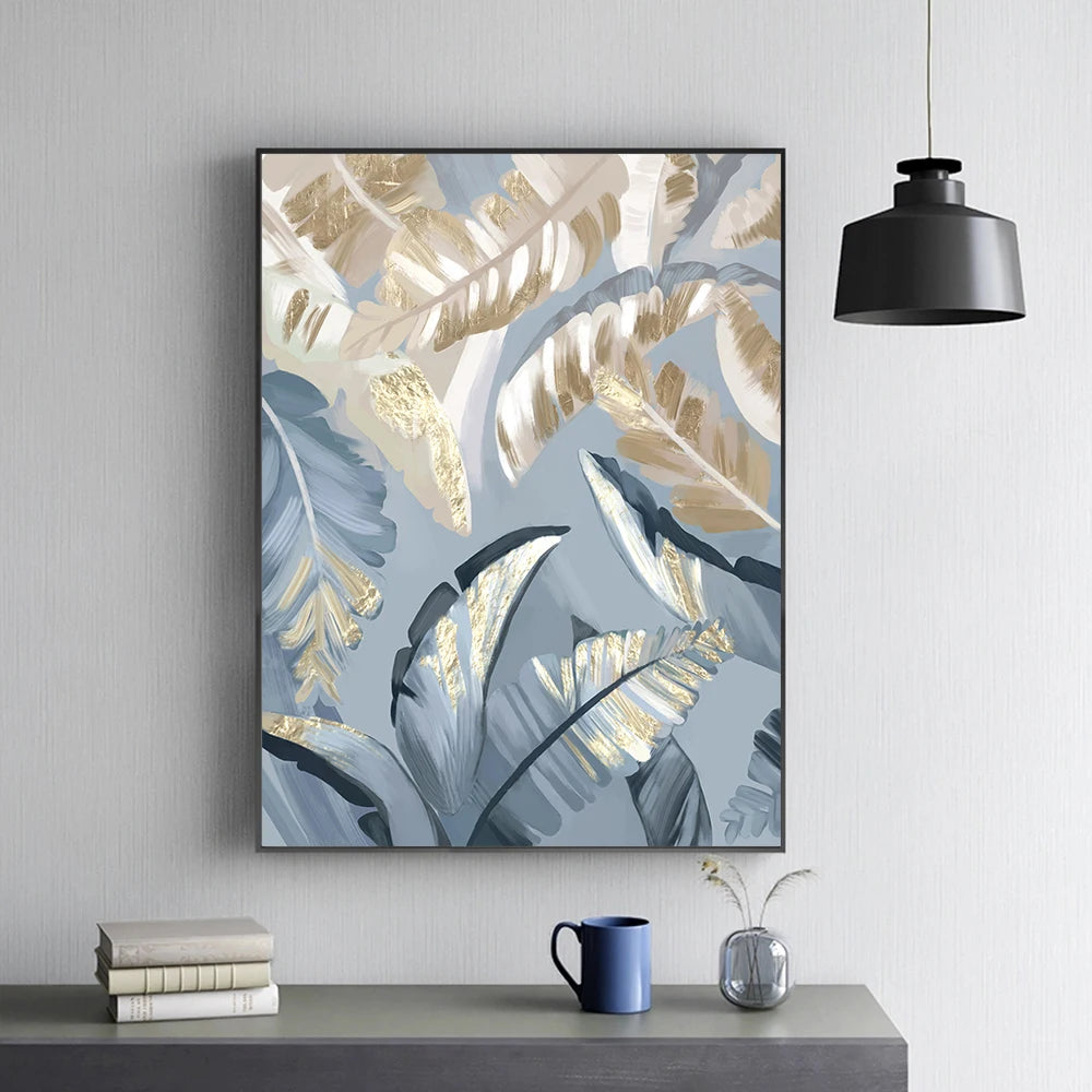 2PCS Frameless Abstract Blue Golden Palm Leaves Canvas Painting