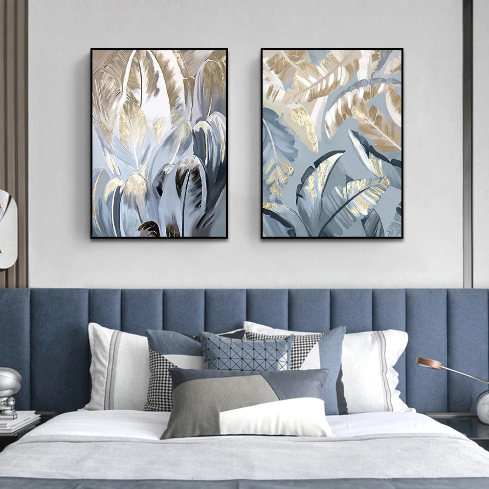 2PCS Frameless Abstract Blue Golden Palm Leaves Canvas Painting