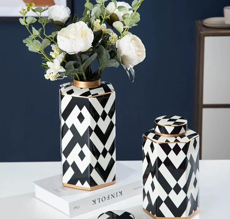 Modern Geometric Black and White Striped Storage Jar