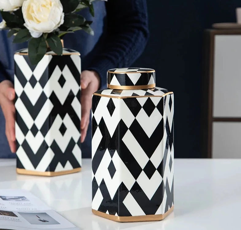 Modern Geometric Black and White Striped Storage Jar