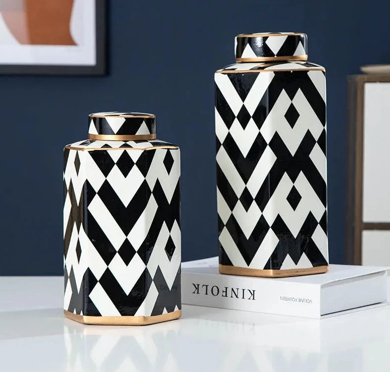 Modern Geometric Black and White Striped Storage Jar