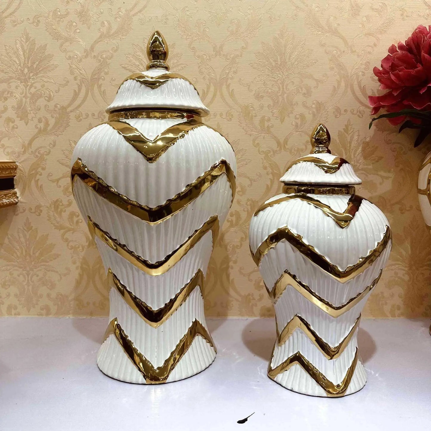 Striped Gold Ceramic Ginger  Flower Vase