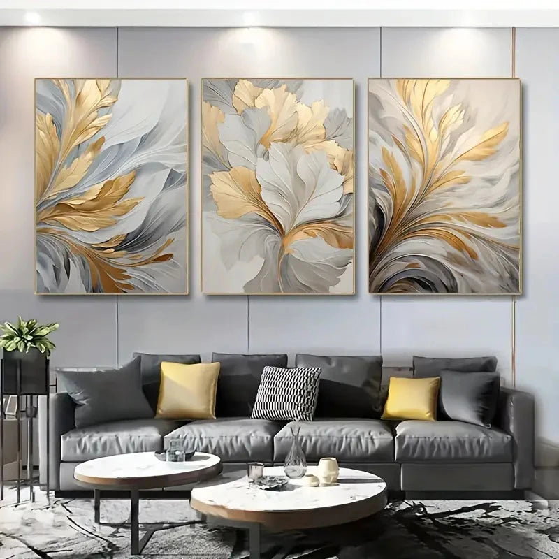 3pcs Golden White Leaves Canvas Prints