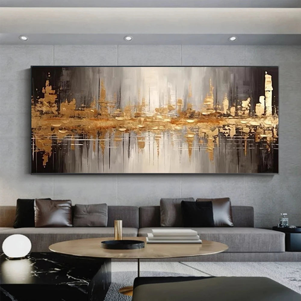 Large Abstract Night View of City Oil Painting - Golden and Black