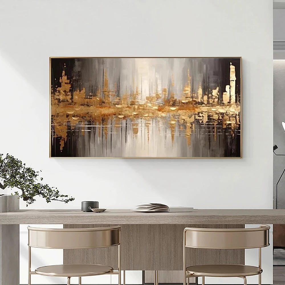 Large Abstract Night View of City Oil Painting - Golden and Black