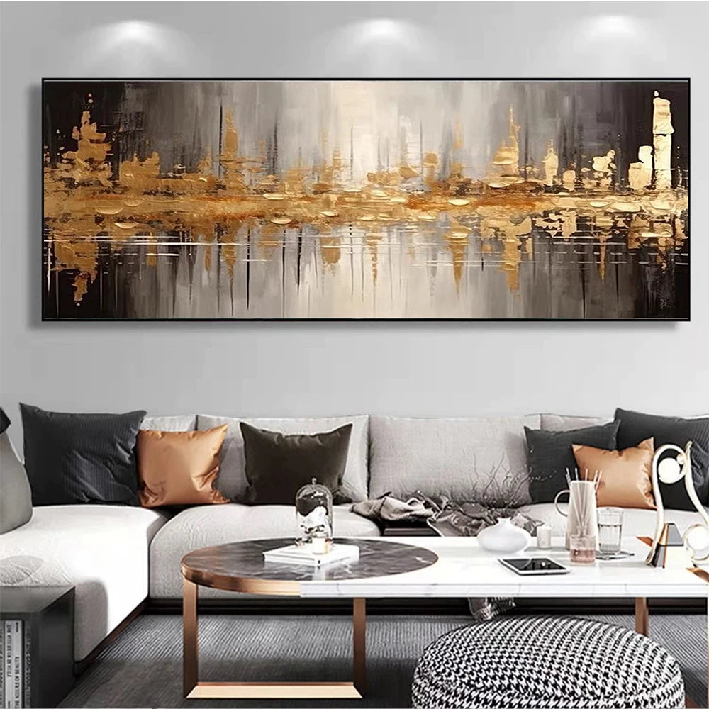 Large Abstract Night View of City Oil Painting - Golden and Black