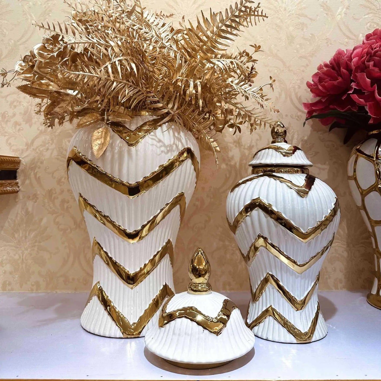 Striped Gold Ceramic Ginger  Flower Vase