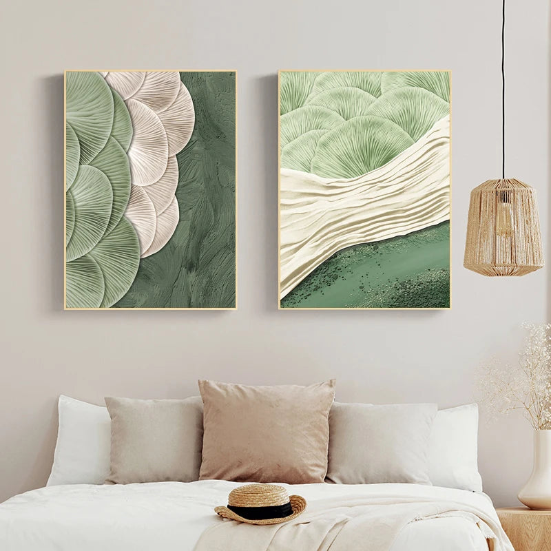 Green Ginkgo Leaf Embroidery Texture Canvas Painting